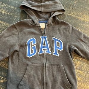 Gap kids zip up logo hoodie. Grey with blue letters. Size medium